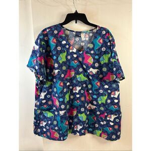 Zoe + Chloe 4x Elephant scrub top blue front pocket #132653